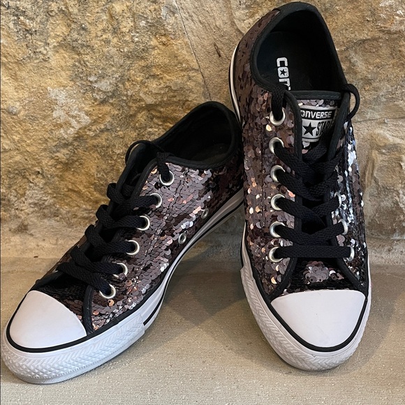 Converse All Star Ox Low Top Sneakers Sequin Black Gold 557988C Women's Size 7 - Picture 1 of 9